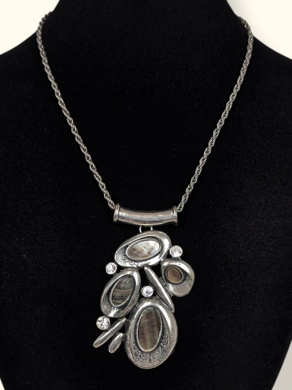 Modernist Abstract Abalone & Rhinestone Rope Chain Necklace